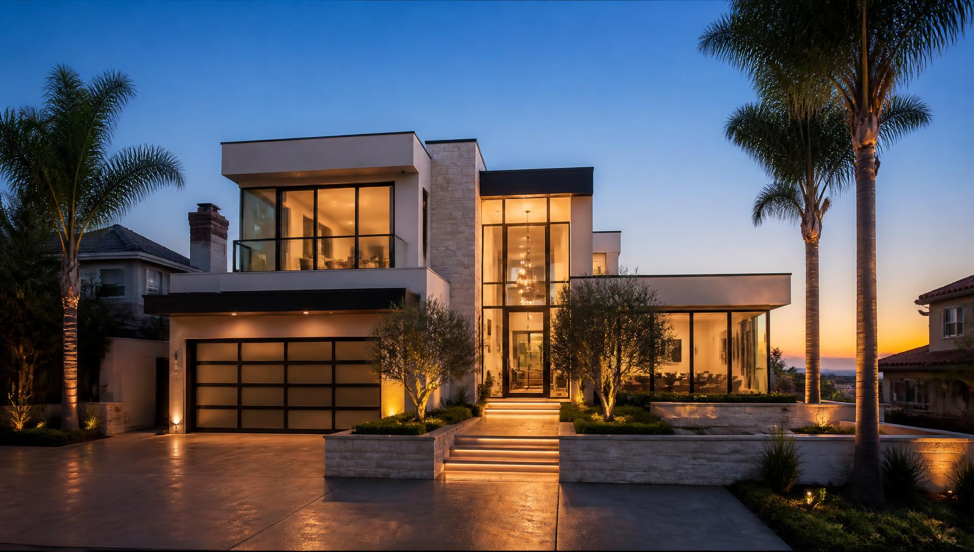 Modern luxury California home at dusk