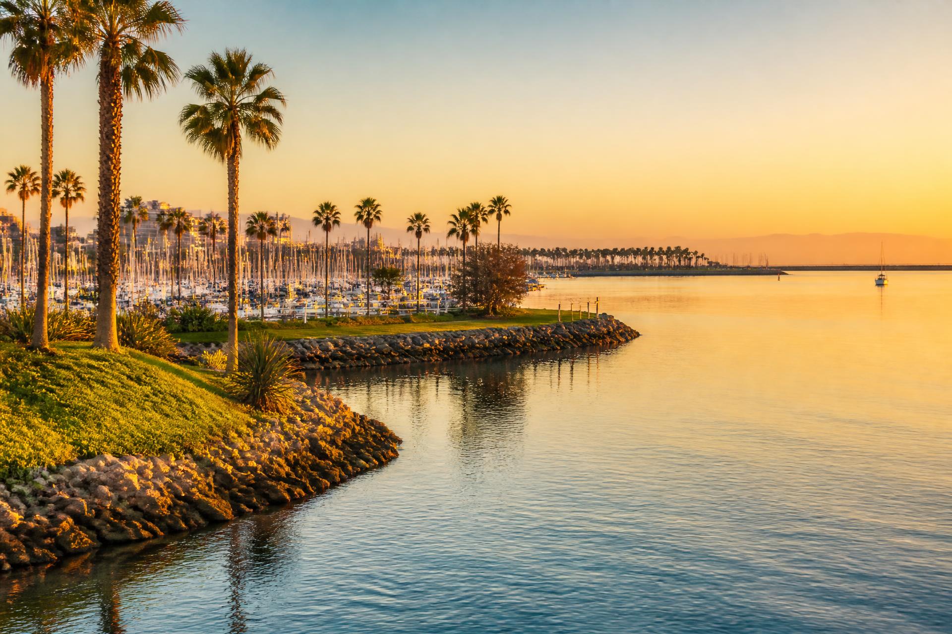 Southern California marina at golden hour